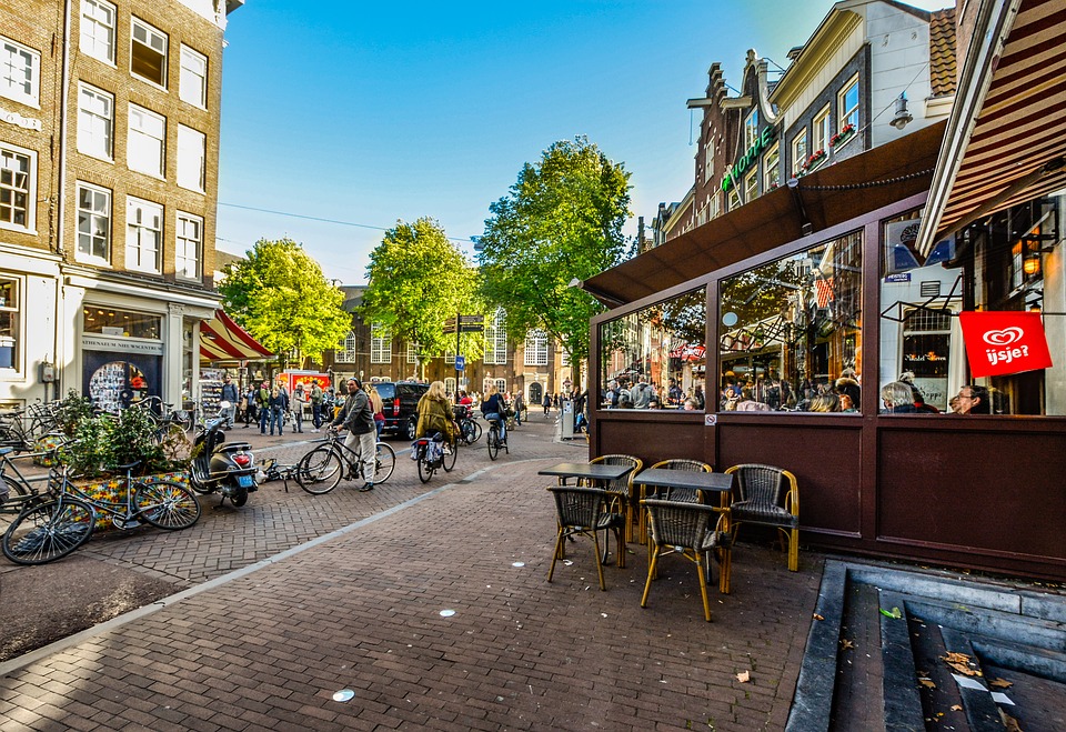 A view of a cannabis cafe and street in Amsterdam, The Netherlands