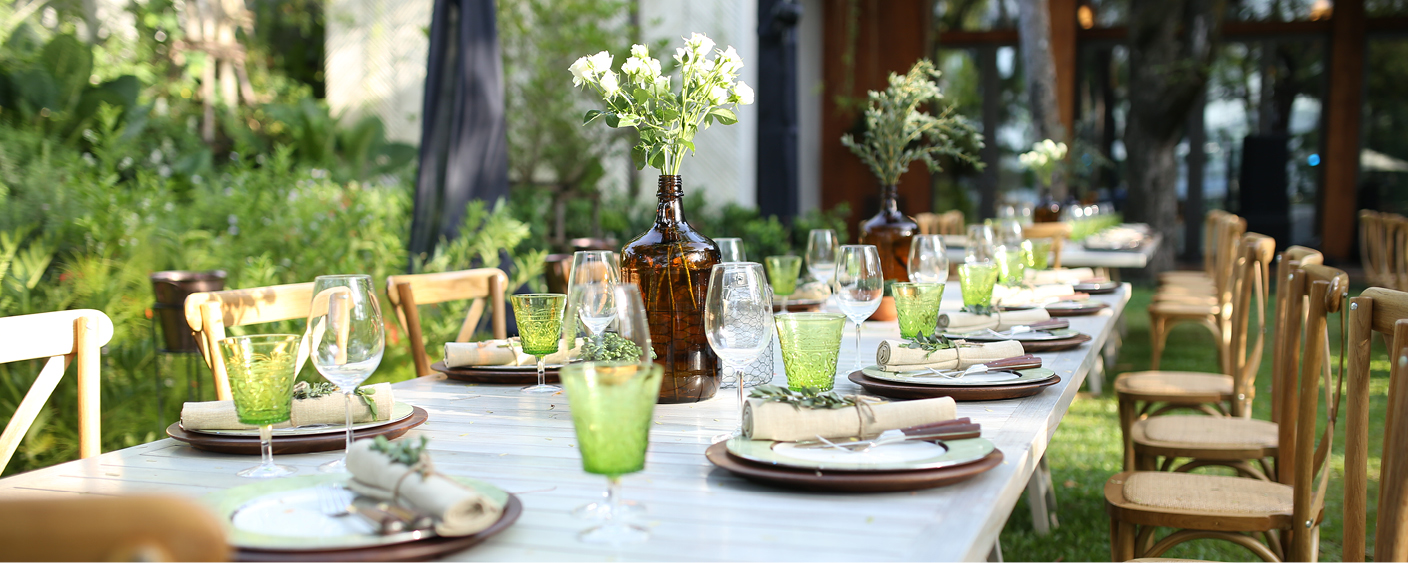 Outdoor table with multi-course plate setting