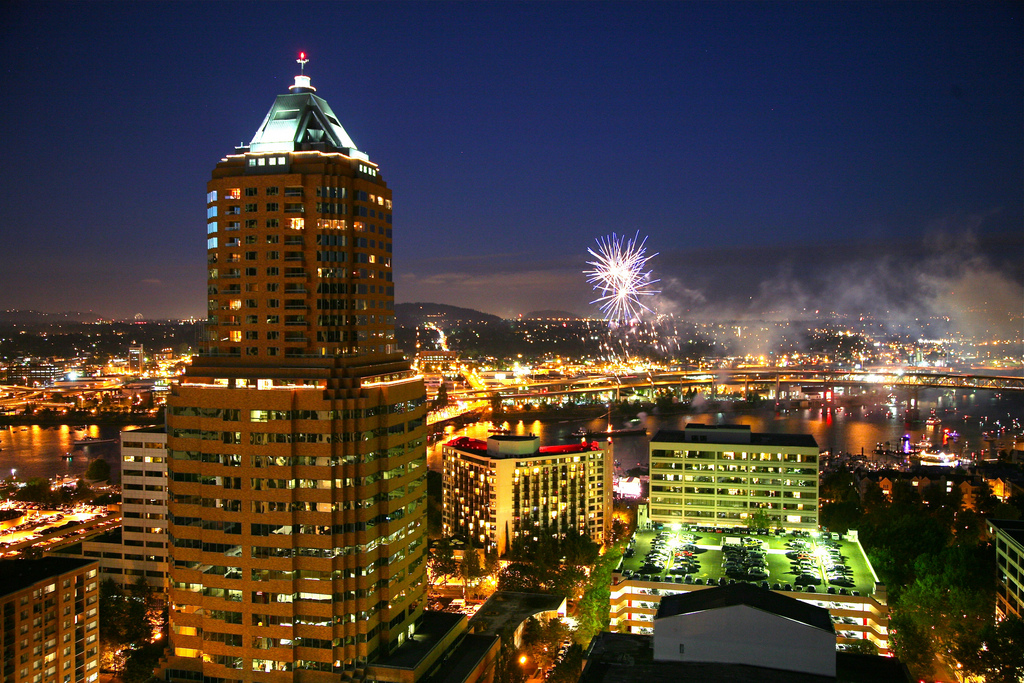 Fireworks over Portland Oregon, one of the most popular cannabis tourism destinations on the west coast of the united states 