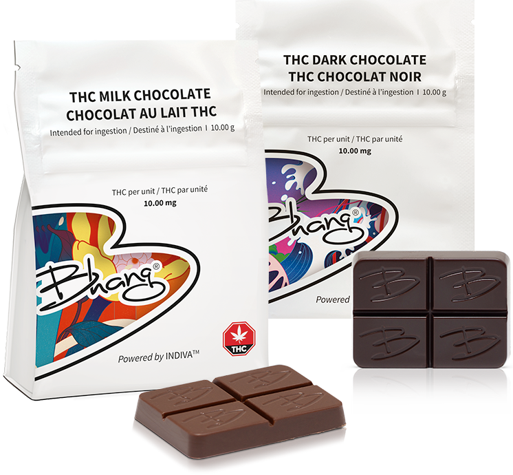 Bhang THC Milk Chocolate and Dark Chocolate bars with package behind them